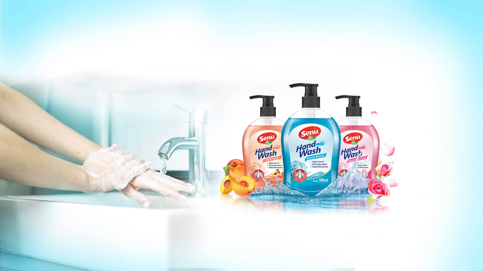 Senu, Hand Wash, Fresh Peach, Ocean Breeze, Natural Rose Petals